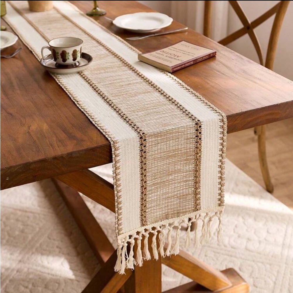 Boho Khaki Table Runner w/ Tassels | Neutral Farmhouse Decor | 12” x 87”